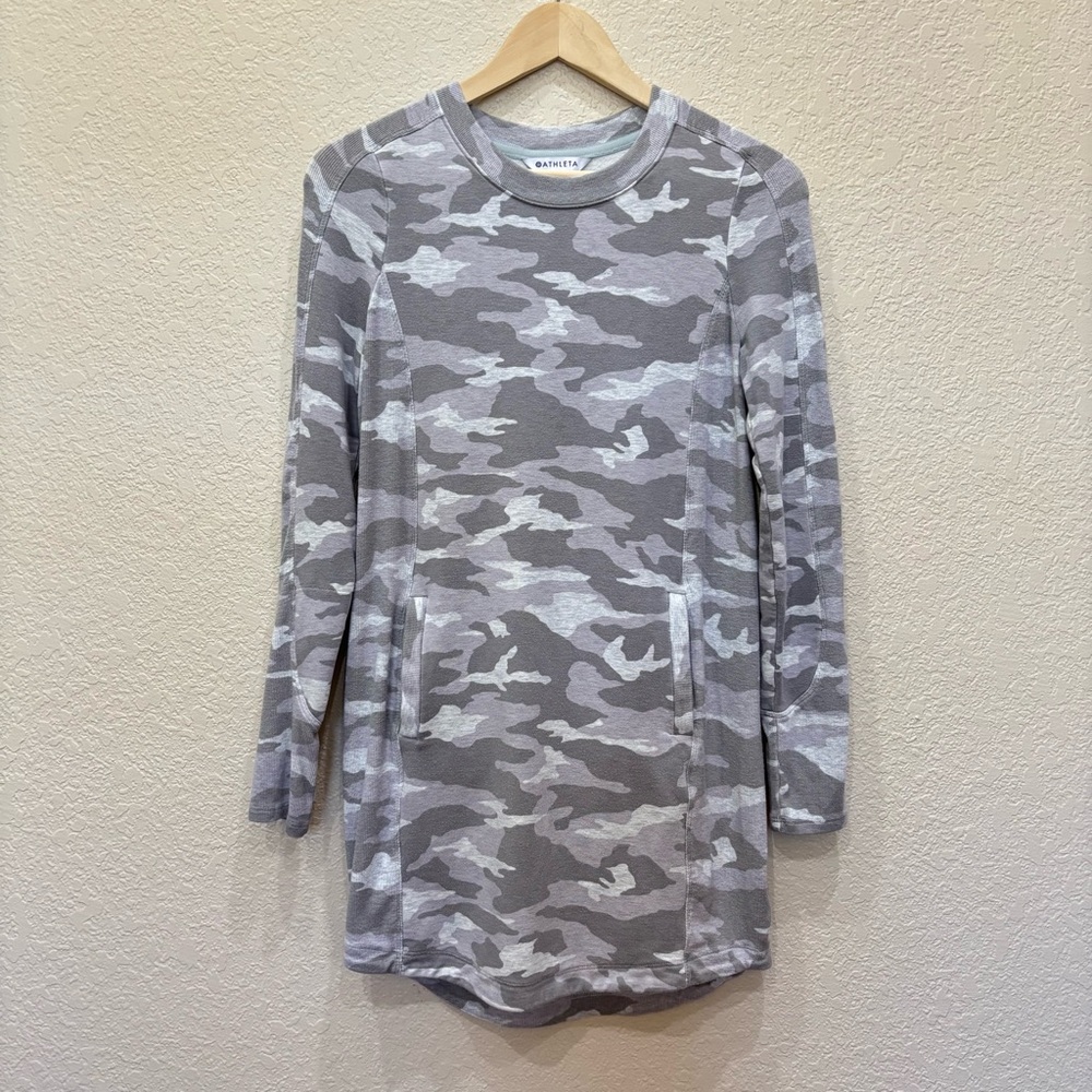 Athleta Grey Camo Luxe Balance Sweatshirt Athleisure Travel Dress XS Cozycore